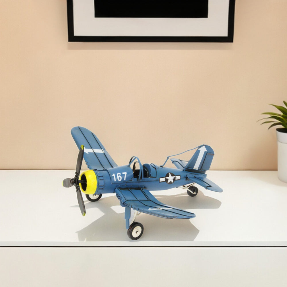 5" Blue and Yellow Metal Hand Painted Model Airplane Tabletop Sculpture