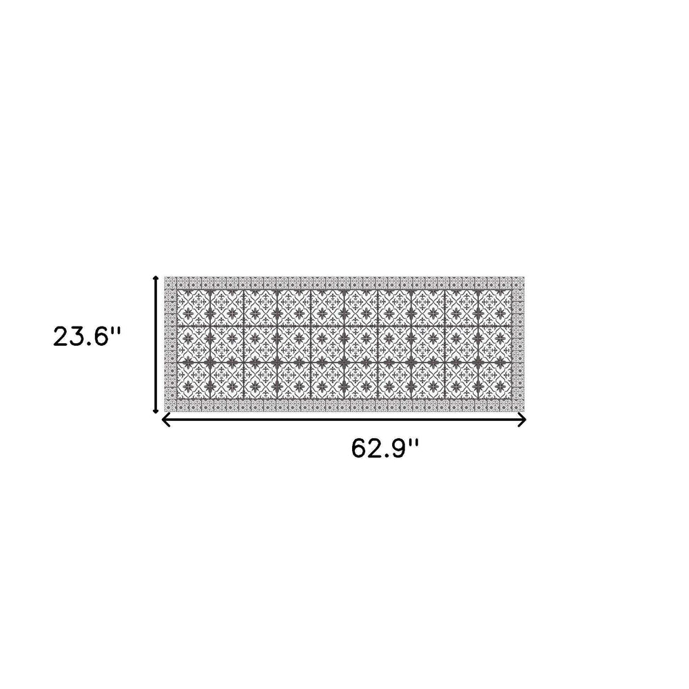 2' X 5' Dark Gray And White Tile Printed Vinyl Area Rug with UV Protection - Homeroots - Flyclothing LLC