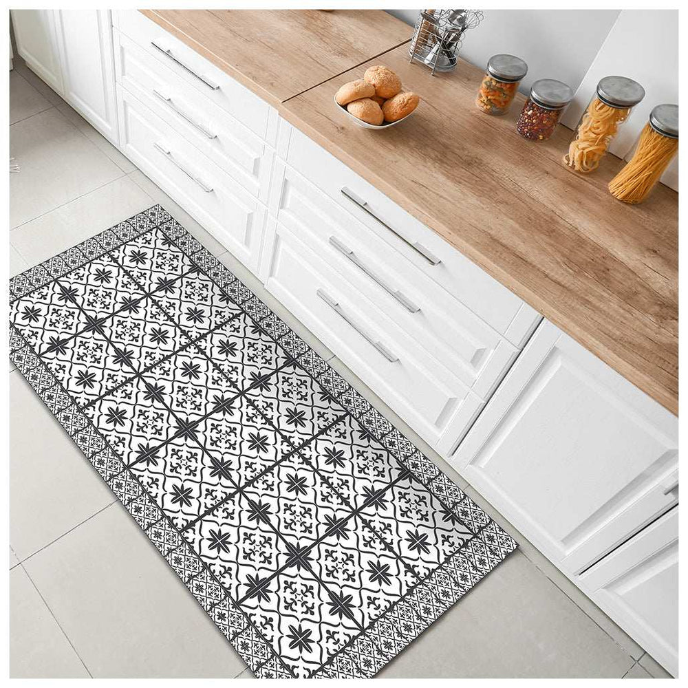 2' X 5' Dark Gray And White Tile Printed Vinyl Area Rug with UV Protection - Homeroots - Flyclothing LLC