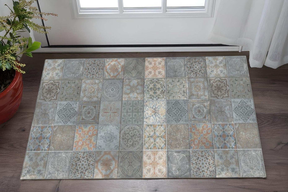 2' X 4' Brown And Gray Mosaic Tile Printed Vinyl Area Rug with UV Protection - Homeroots - Flyclothing LLC