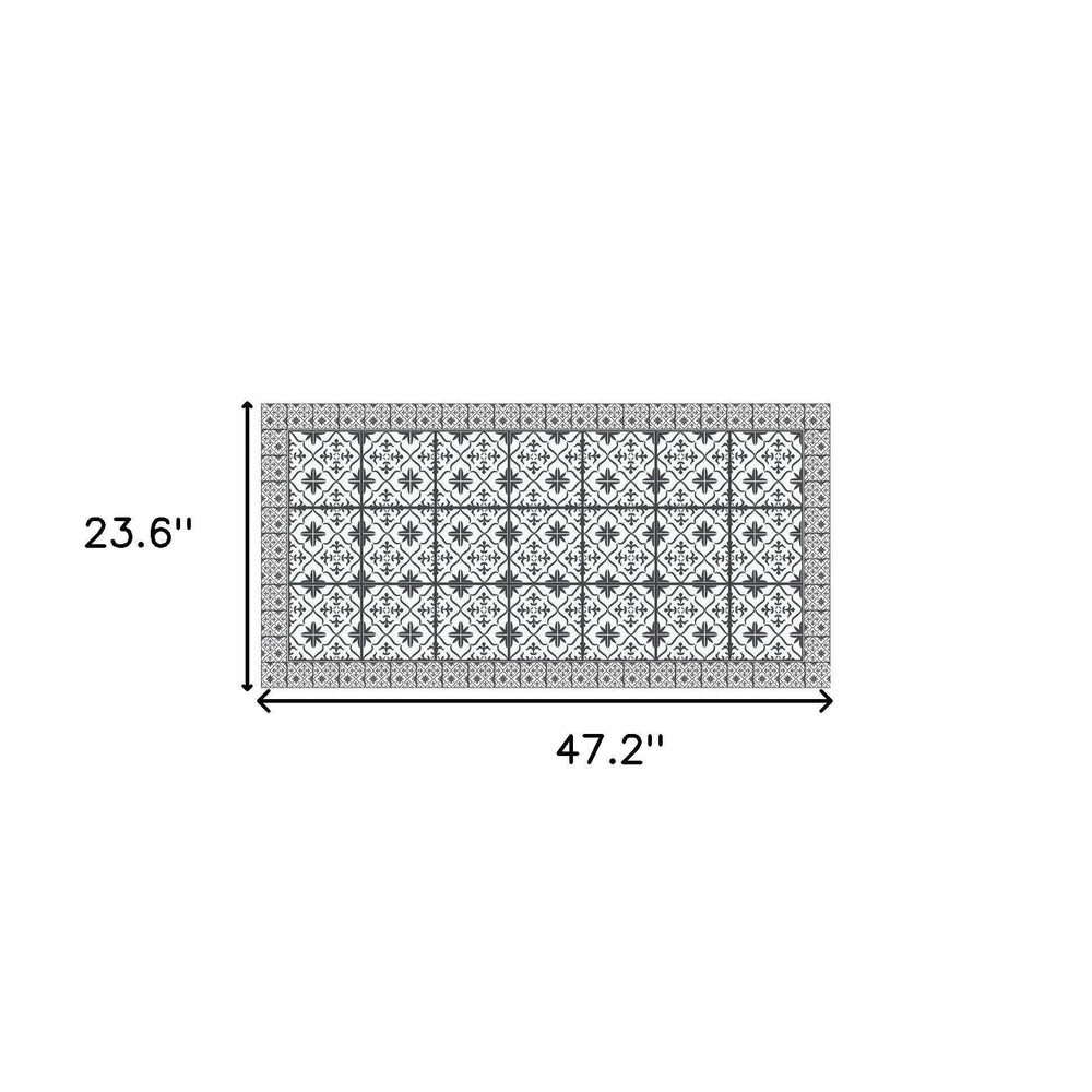 2' X 4' Dark Gray And White Tile Printed Vinyl Area Rug with UV Protection - Homeroots - Flyclothing LLC