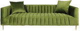 90" Olive Green Velvet Sofa And Toss Pillows With Gold Legs