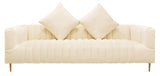 90" Ivory Velvet Sofa And Toss Pillows With Gold Legs