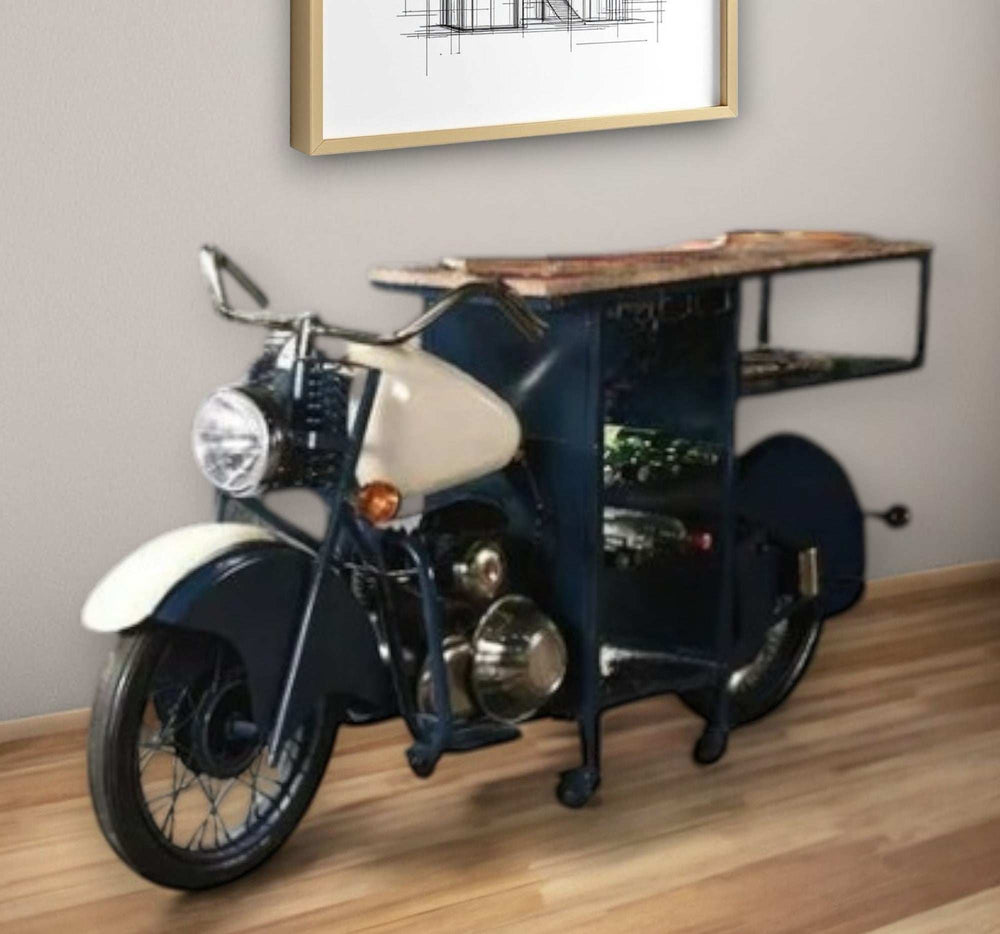 Blue and White Metal And Solid Wood Rolling Bar Cart With Wine Storage - Homeroots - Flyclothing LLC