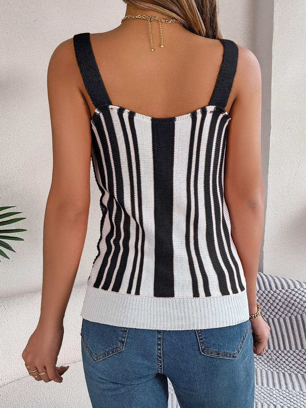 Openwork Striped V-Neck Tank - Trendsi - Flyclothing LLC