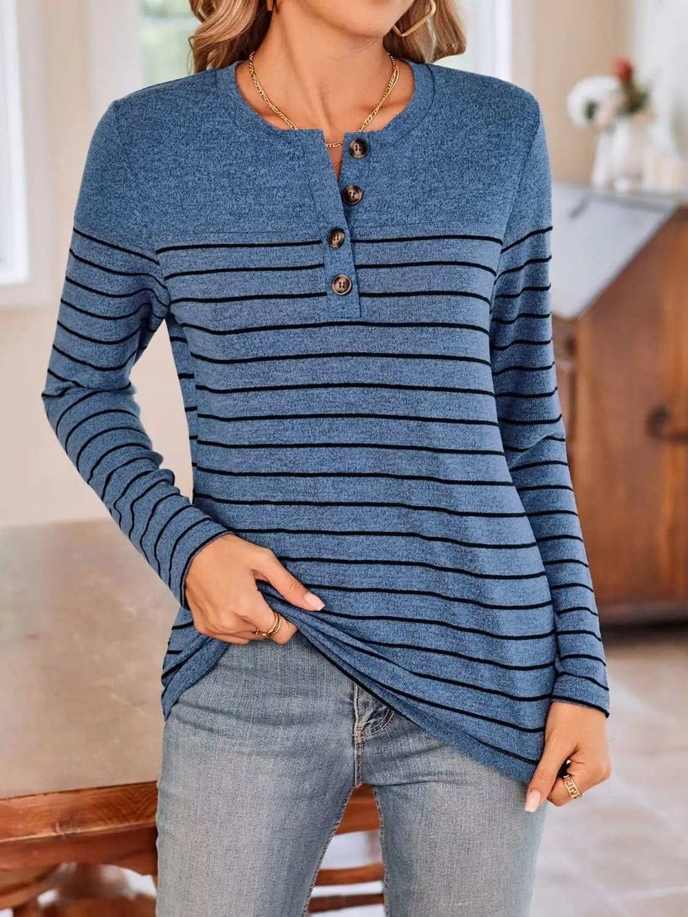 Lovelet Quarter Button Striped Round Neck Long Sleeve T-Shirt - Trendsi - Flyclothing LLC