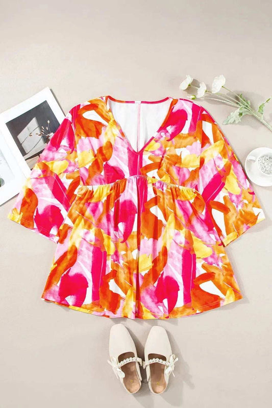 Printed V-Neck Three-Quarter Sleeve Blouse - Trendsi - Flyclothing LLC