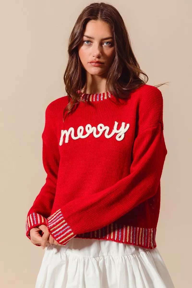 SO ME Merry Lettering Embroidered Christmas Sweater - Trendsi - Flyclothing LLC