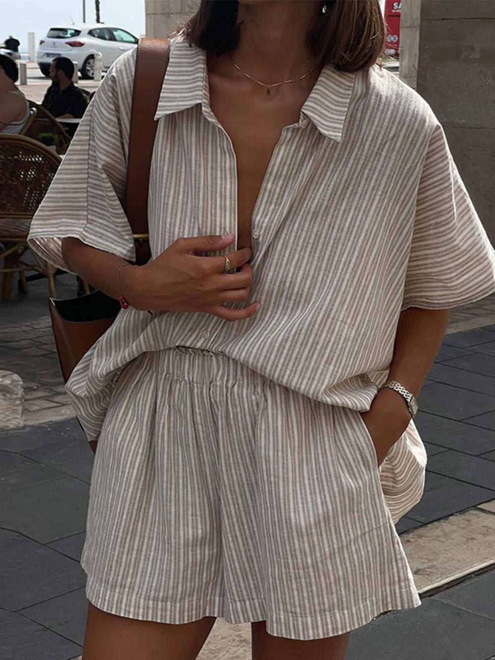 Casual Striped Short Sleeve Top and Shorts Two-Piece Set - Trendsi - Flyclothing LLC