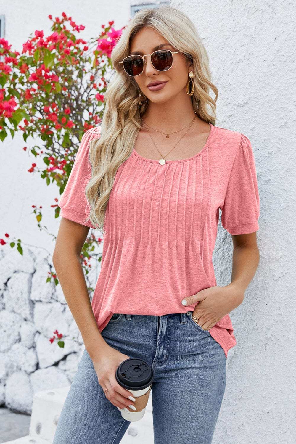 Ruched Scoop Neck Short Sleeve Blouse - Trendsi - Flyclothing LLC