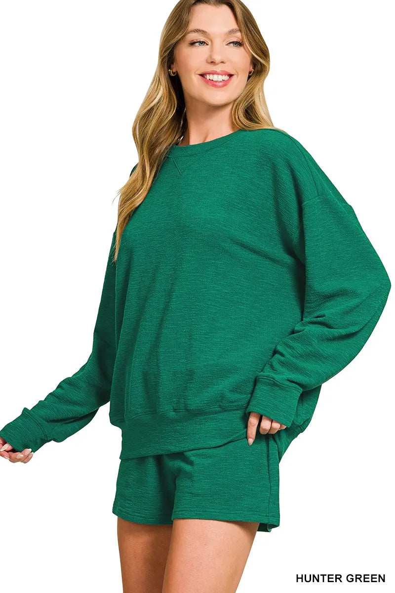 Zenana Slub Long Sleeve Top and Shorts Set - Trendsi - Flyclothing LLC