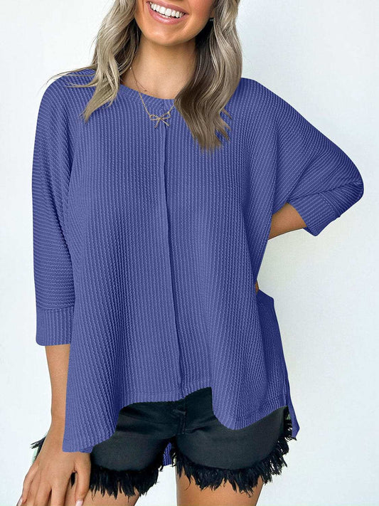 Textured Round Neck Three-Quarter Sleeve Blouse - Trendsi - Flyclothing LLC