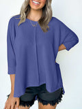 Textured Round Neck Three-Quarter Sleeve Blouse - Trendsi - Flyclothing LLC