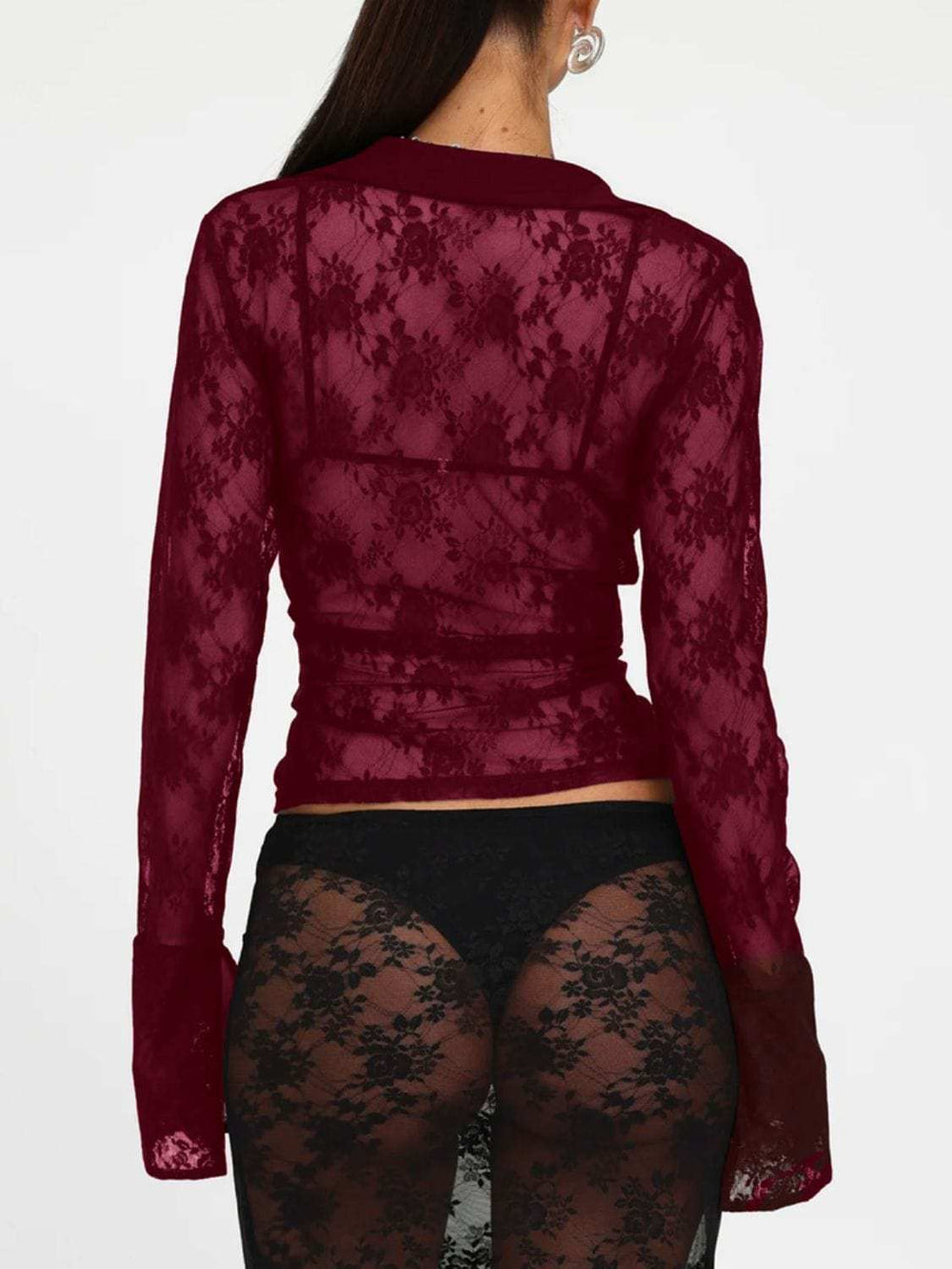 Devine Plunge Long Sleeve Lace Top - Trendsi - Flyclothing LLC