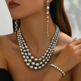 18K Stainless Steel Beaded Multi-Layered Necklace Bracelet Earrings Jewelry Set - Trendsi - Flyclothing LLC
