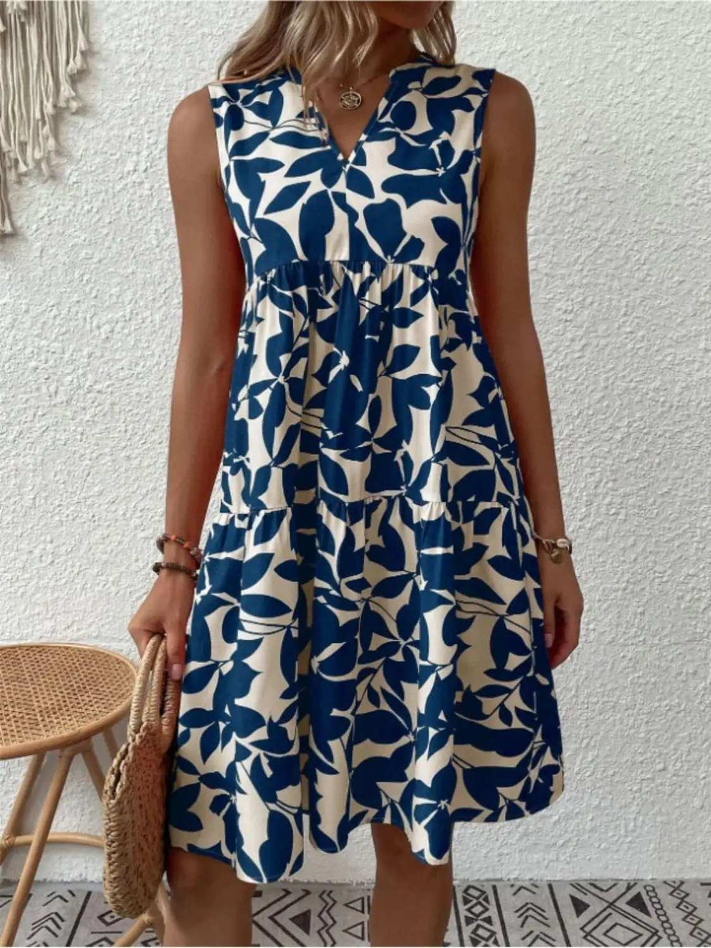 Printed Notched Sleeveless Mini Dress - Trendsi - Flyclothing LLC
