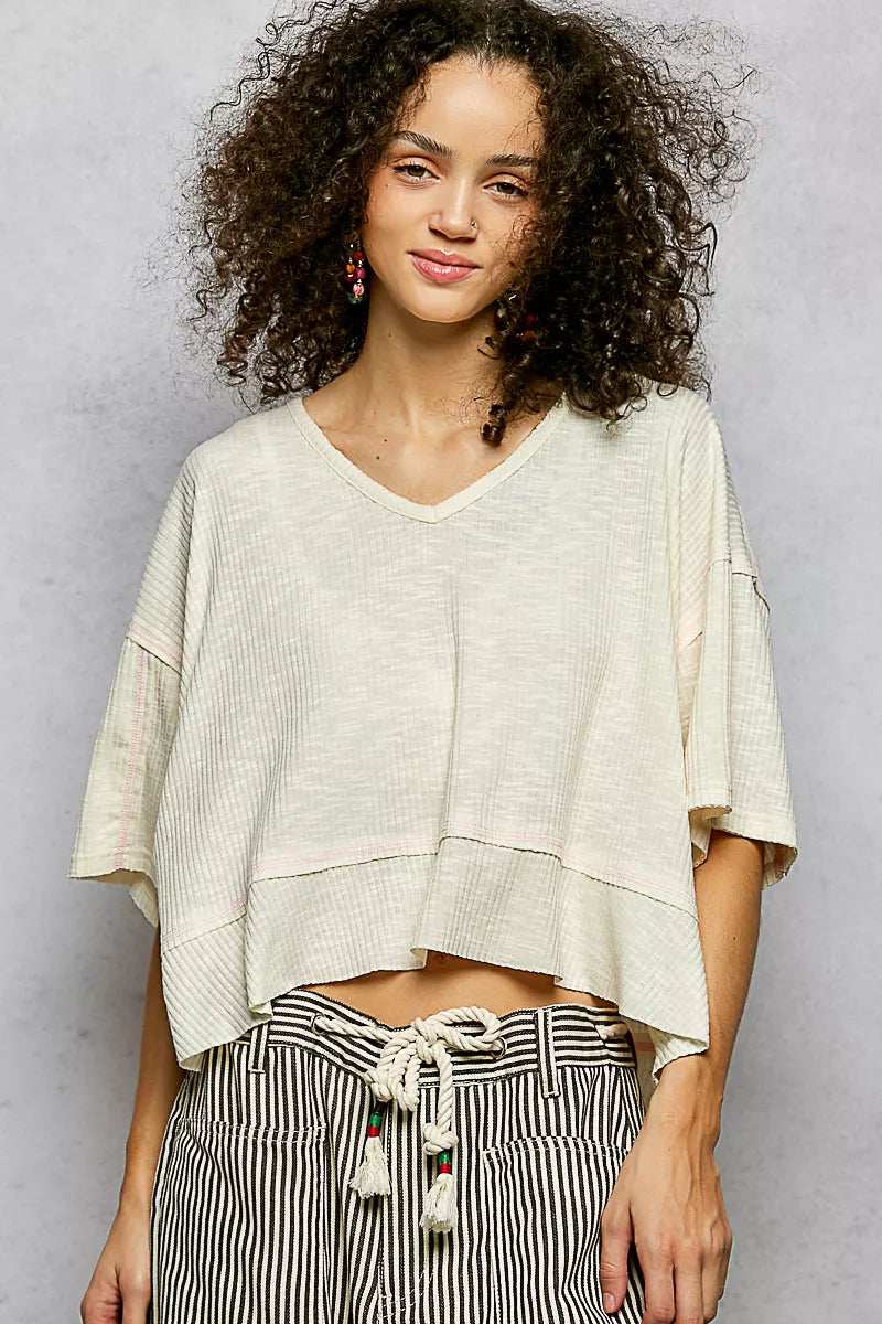 POL Short Sleeve Ccopped Rib T-Shirt with Contrast Stitch Detail - Trendsi - Flyclothing LLC