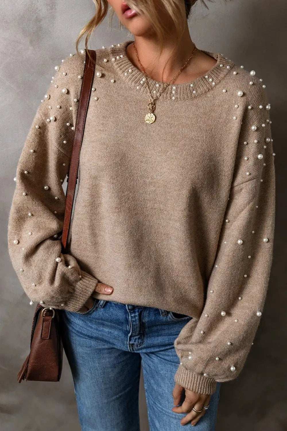 Pearl Detail Round Neck Long Sleeve Sweater - Trendsi - Flyclothing LLC