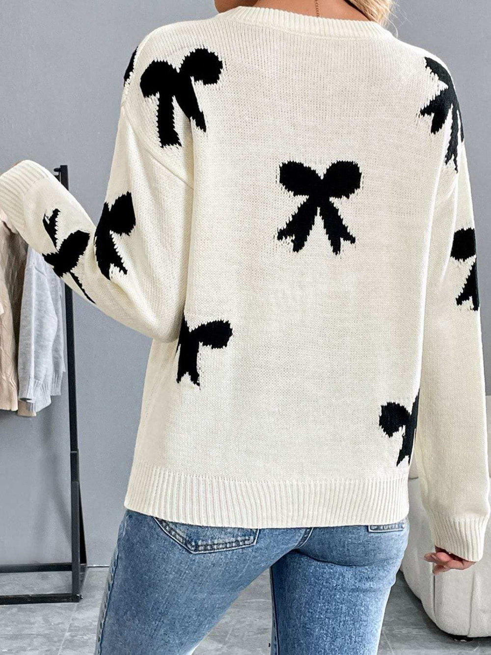 Perfee Bow Graphic Round Neck Long Sleeve Sweater - Trendsi - Flyclothing LLC