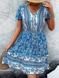 Printed V-Neck Flutter Sleeve Mini Dress - Trendsi - Flyclothing LLC