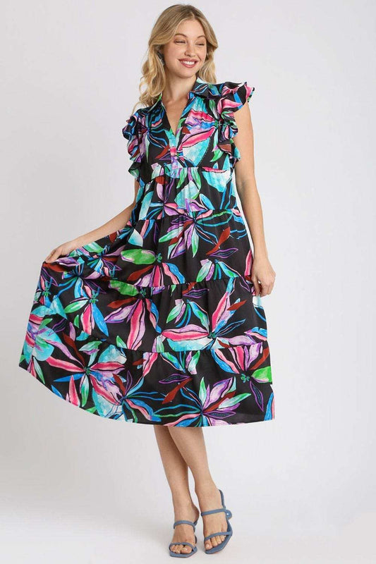 Umgee Full Size Leaf Print Double Layered Ruffle Sleeve Tiered Midi Dress Plus Size - Trendsi - Flyclothing LLC