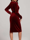 Round Neck Tie Waist Long Sleeve Velvet Dress - Trendsi - Flyclothing LLC