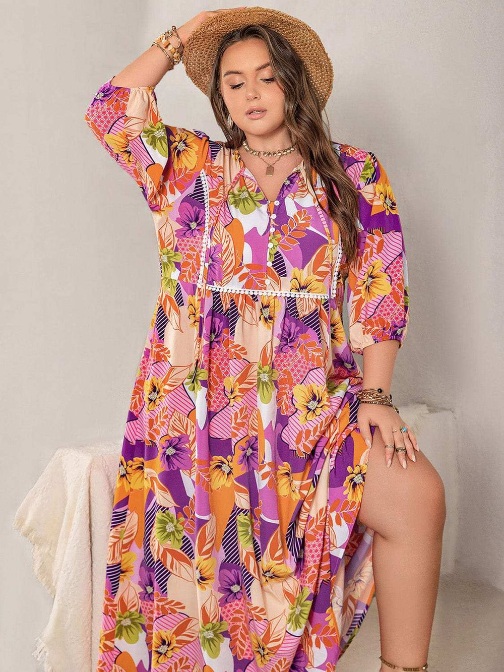 Plus Size Printed Tie Neck Maxi Dress - Trendsi - Flyclothing LLC