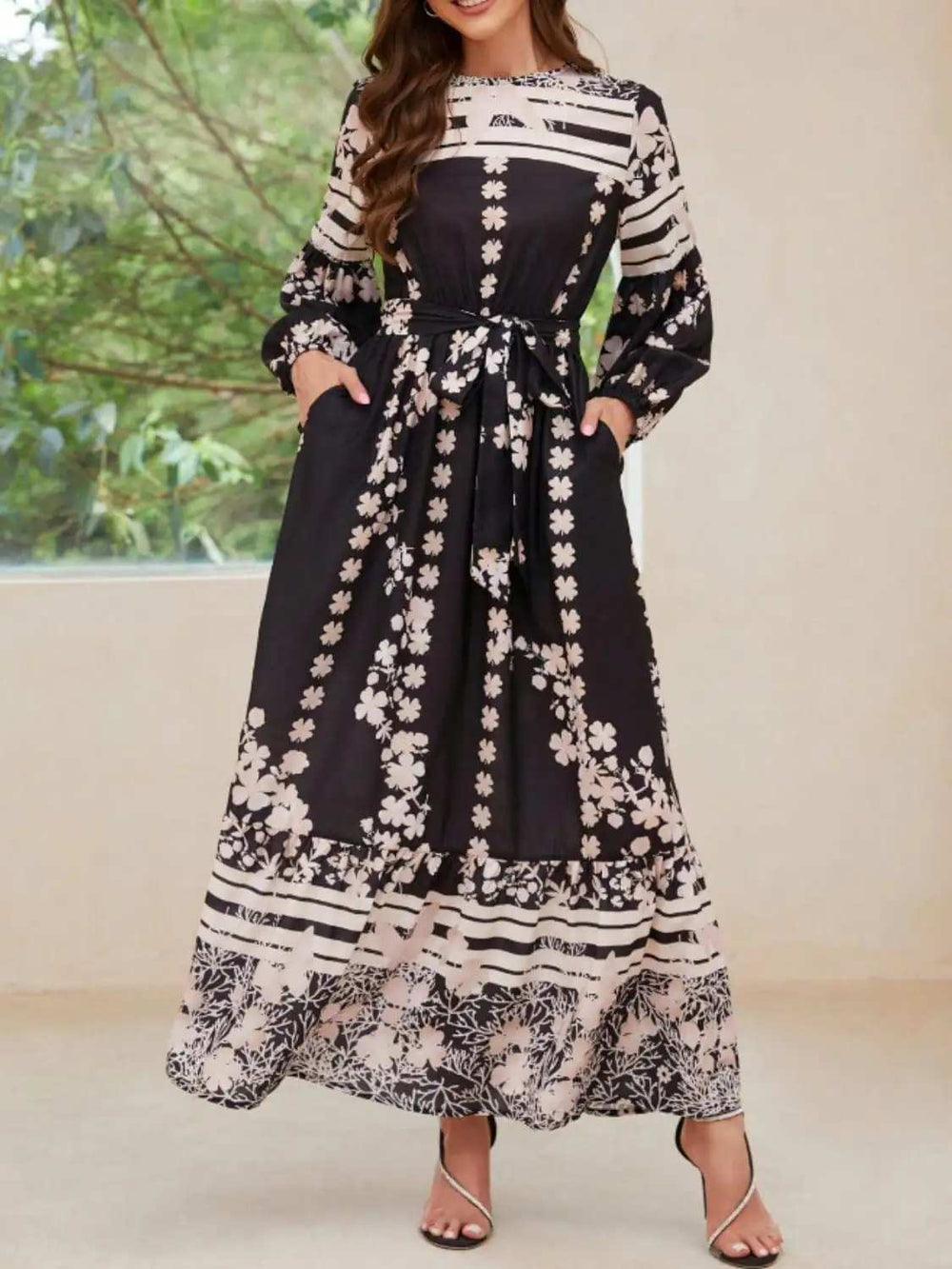 Printed Round Neck Long Sleeve Maxi Dress with Pockets - Trendsi - Flyclothing LLC