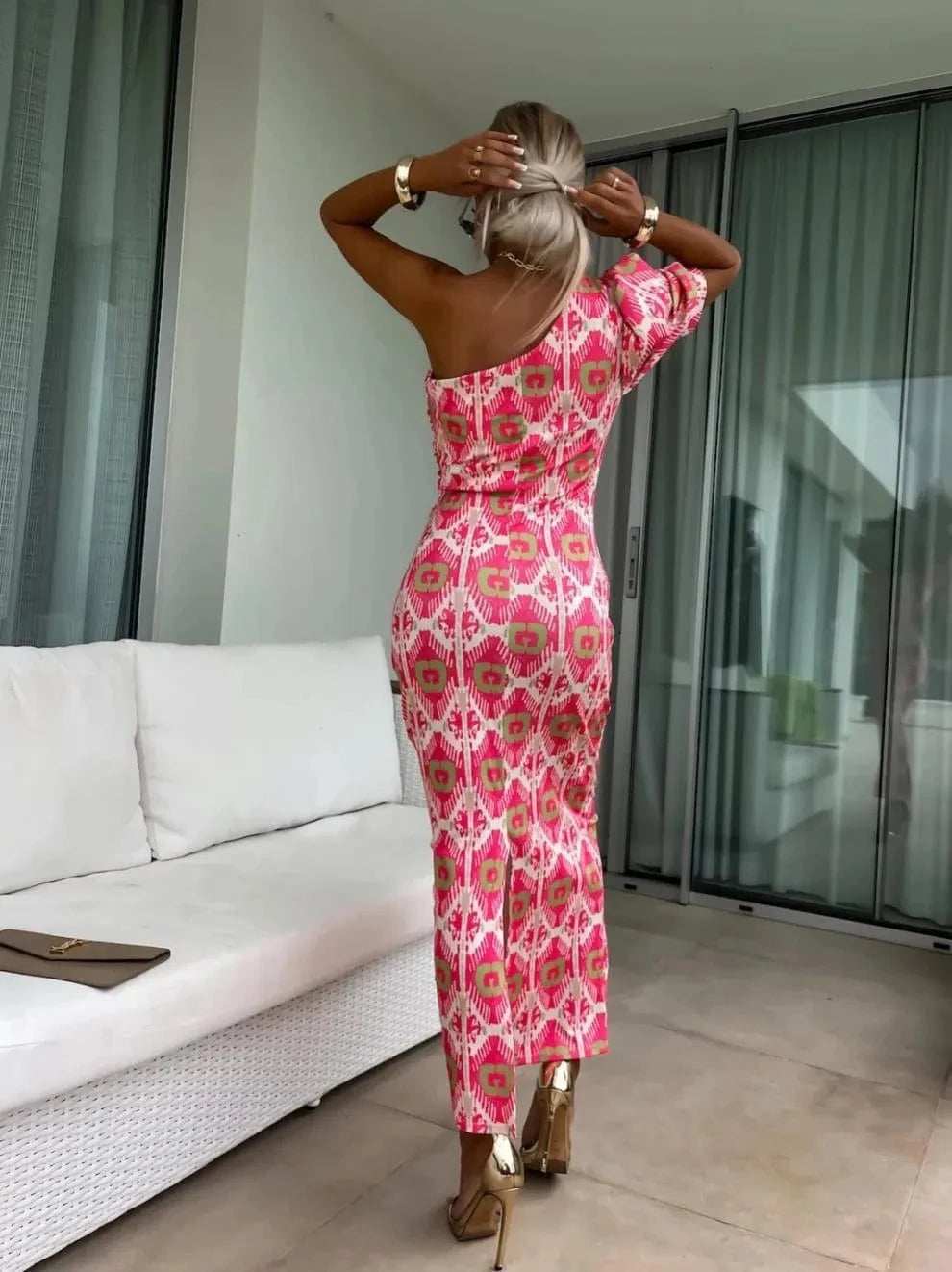 Slit Printed Single Shoulder Midi Dress - Trendsi - Flyclothing LLC