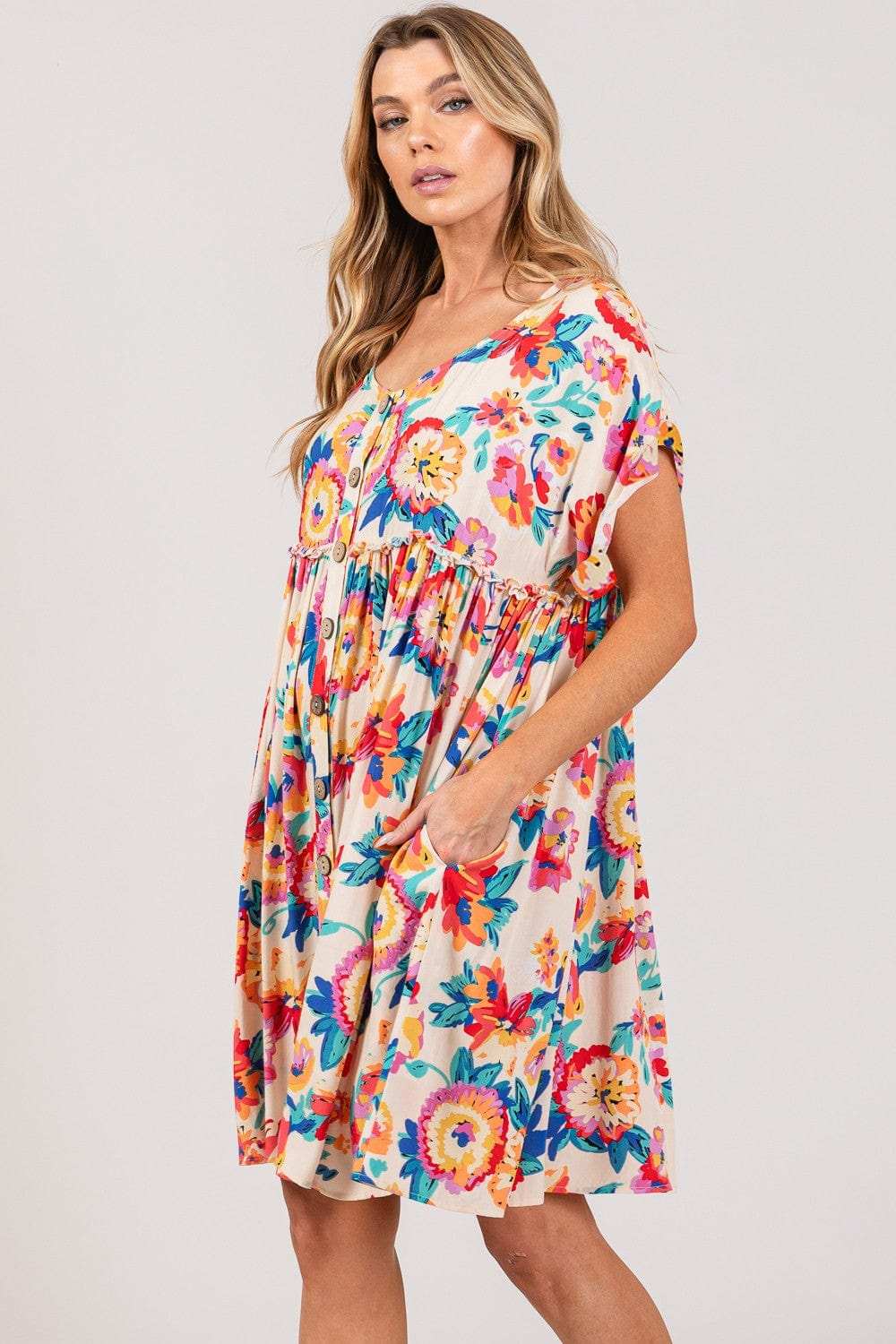 SAGE + FIG Full Size Floral Button-Down Short Sleeve Dress - Trendsi - Flyclothing LLC