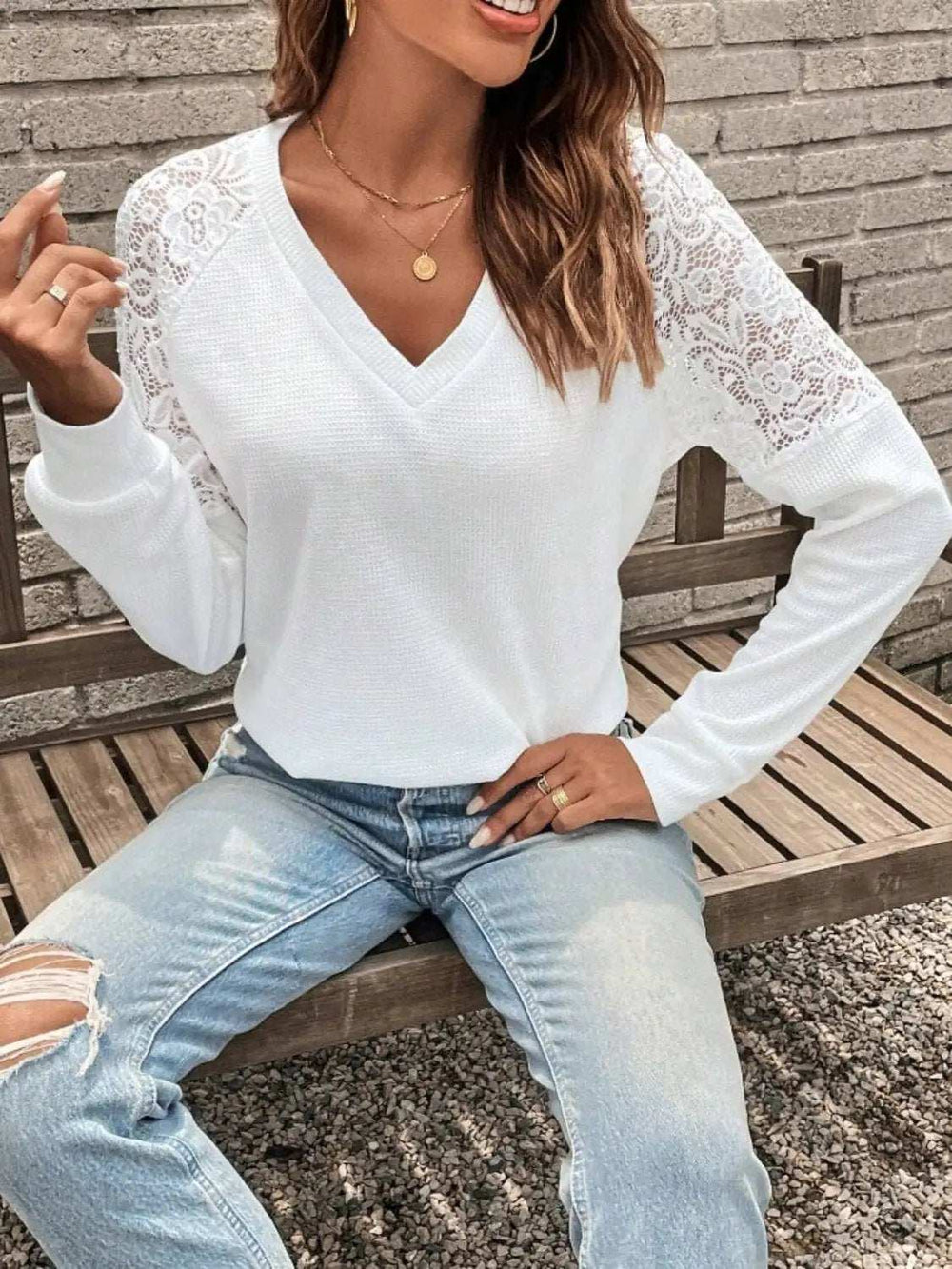 Lace Detail V-Neck Long Sleeve Top - Trendsi - Flyclothing LLC