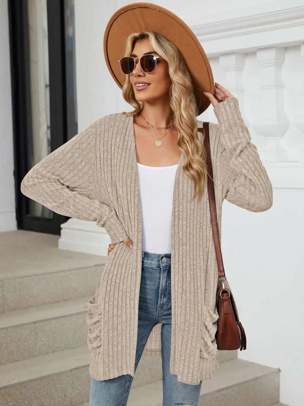Pocketed Open Front Long Sleeve Cardigan - Trendsi - Flyclothing LLC