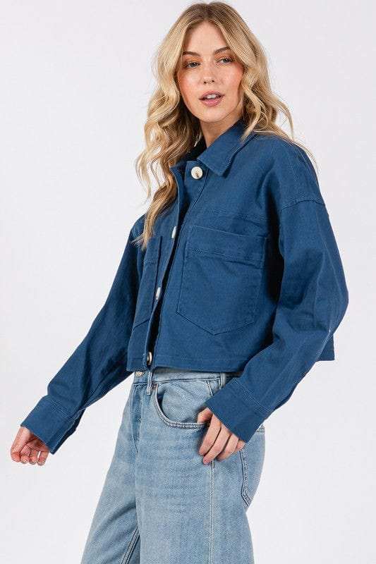 bytos Button Down Cropped Denim Jacket with Patch Pockets - Trendsi - Flyclothing LLC