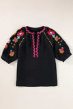 Floral Embroidered Notched Puff Sleeve Blouse - Trendsi - Flyclothing LLC