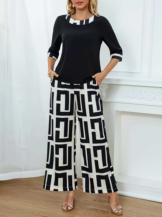 Geometric Print Round Neck Top and Pants Two-Piece Set - Trendsi - Flyclothing LLC