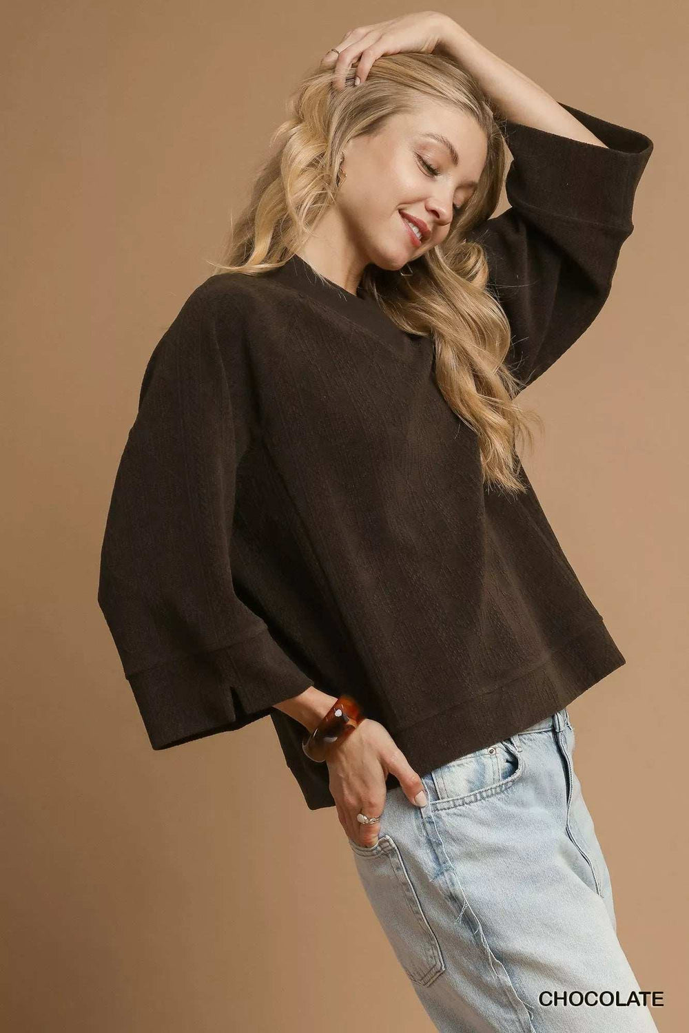 Umgee Textured Knit V-Neck Top - Trendsi - Flyclothing LLC