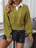 Cable-Knit Collared Neck Faux Layered Sweater - Trendsi - Flyclothing LLC