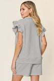 Double Take Full Size Texture Flounce Sleeve Top and Drawstring Shorts Set - Trendsi - Flyclothing LLC