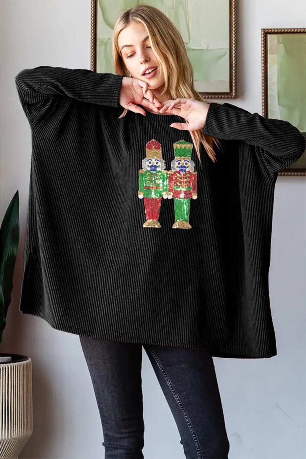 Heimish Sequin Nutcracker Long Sleeve Ribbed Top - Trendsi - Flyclothing LLC