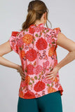 Umgee Full Size Floral Print Ruffled Cap Sleeve Blouse Plus Size - Trendsi - Flyclothing LLC