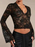 V-Neck Flare Sleeve Lace Top - Trendsi - Flyclothing LLC