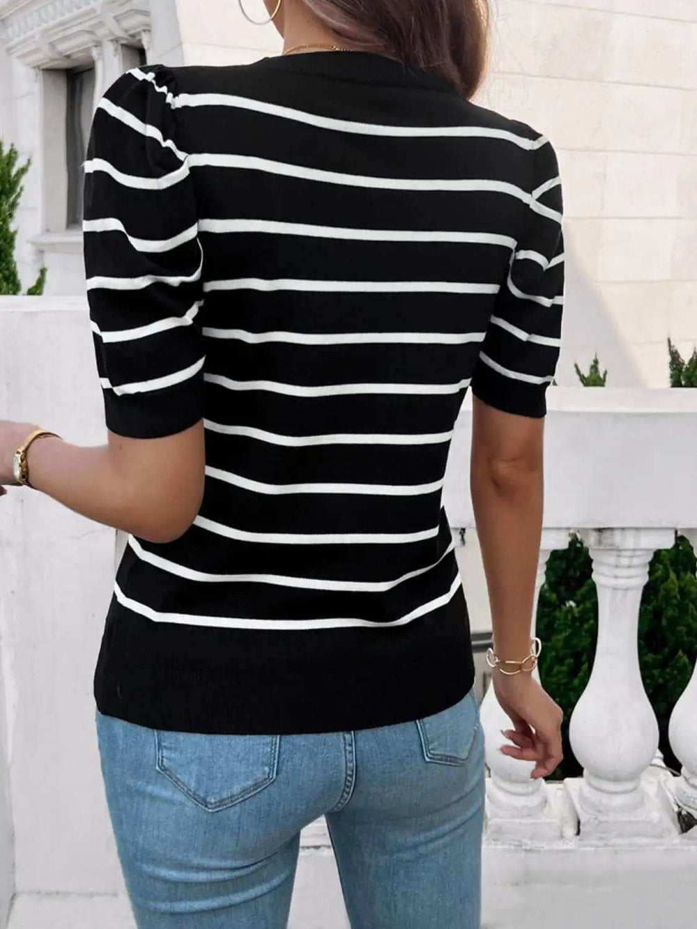 Striped Round Neck Puff Sleeve Knit Top - Trendsi - Flyclothing LLC