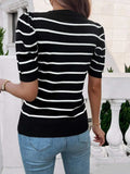 Striped Round Neck Puff Sleeve Knit Top - Trendsi - Flyclothing LLC
