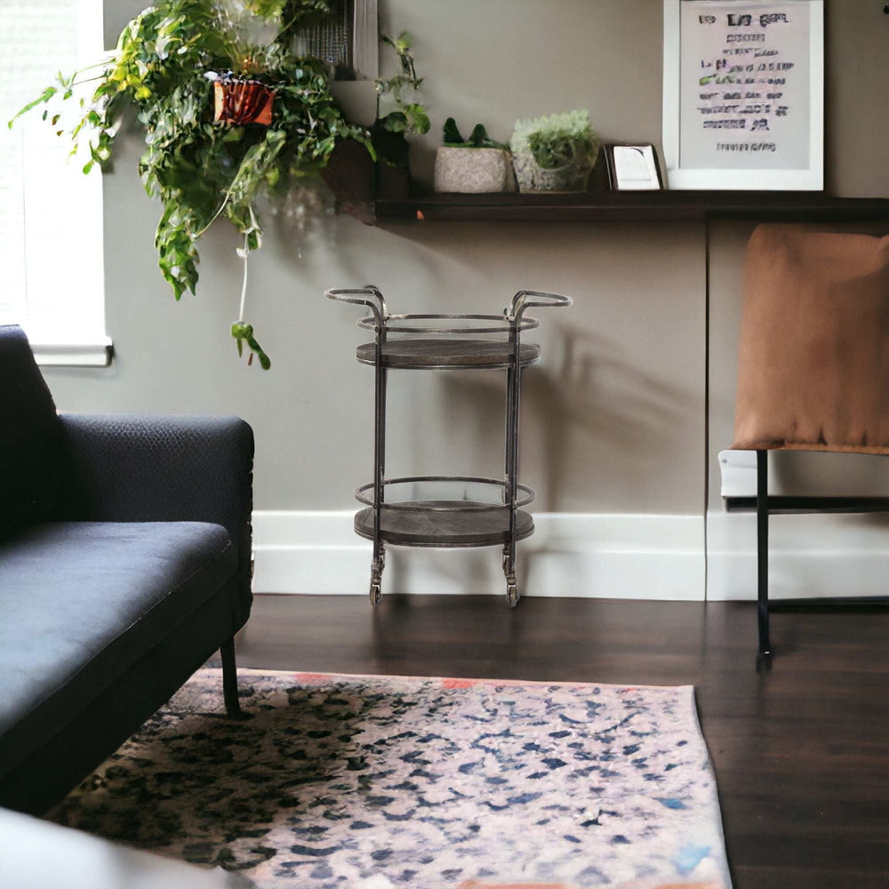 Dark Gray Iron And Solid Wood Round Rolling Bar Cart - Homeroots - Flyclothing LLC