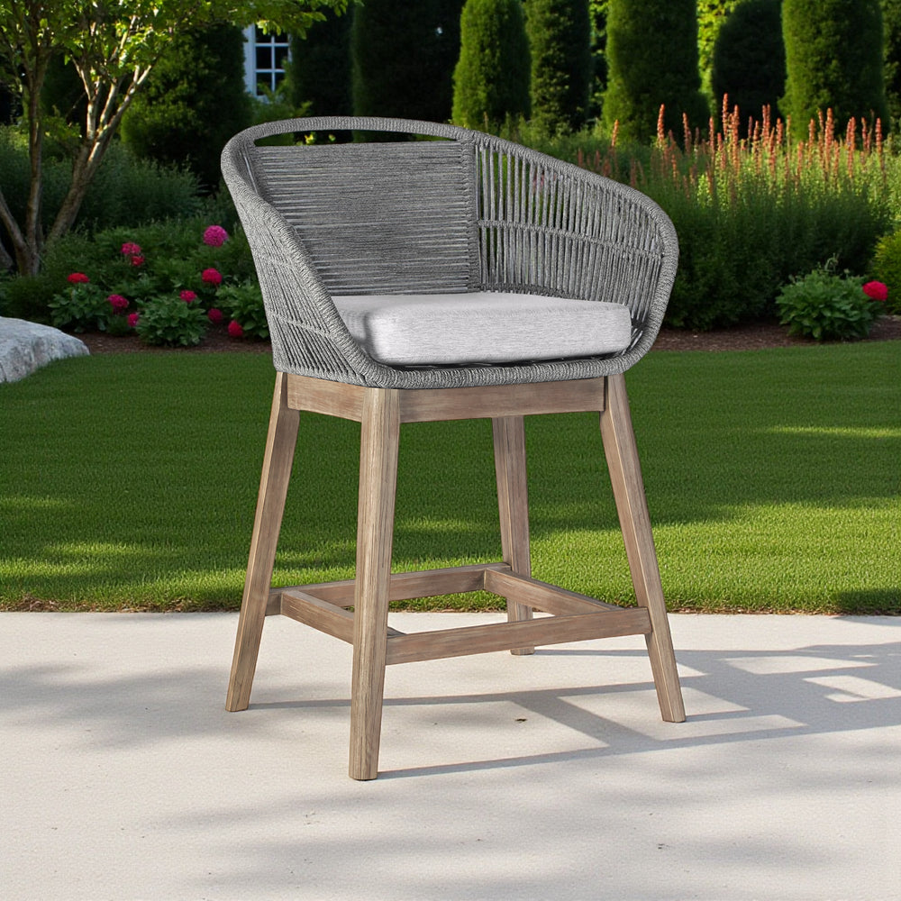 38" Light Gray Solid Wood Low back Outdoor Bar Height chair with Footrest