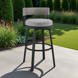 33" Light Gray Metal Swivel Low back Outdoor Bar Height chair with Footrest