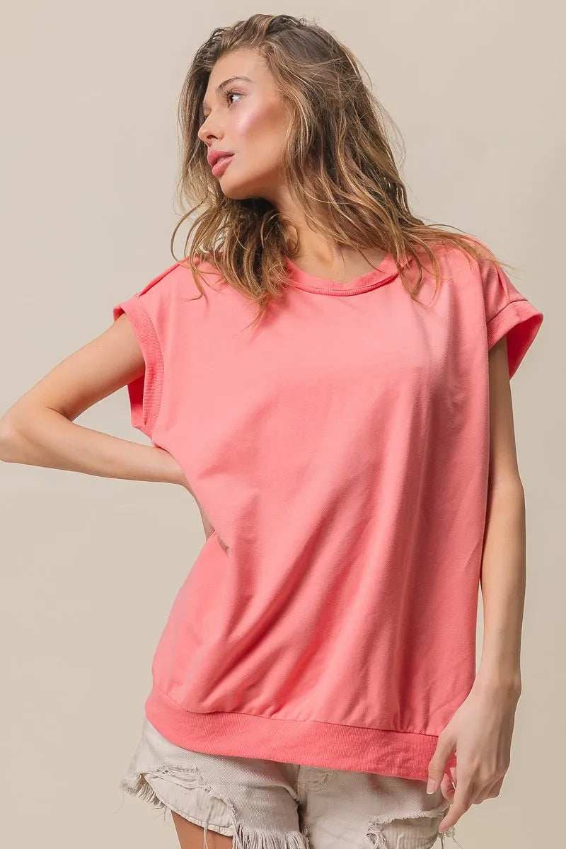 BiBi French Terry Drop Shoulder Basic Top - Trendsi - Flyclothing LLC