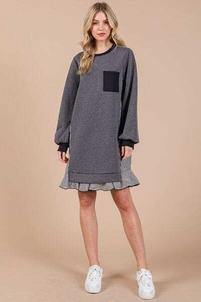 Ces Femme Striped Patchwork Round Neck Terry Sweatshirt Dress - Trendsi - Flyclothing LLC