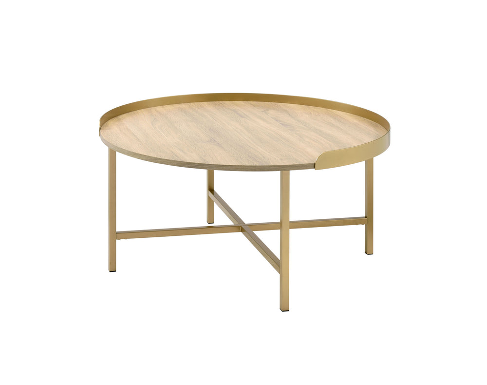 34" Oak and Gold Wood And Metal Round Sled Coffee Table