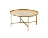 34" Oak and Gold Wood And Metal Round Sled Coffee Table